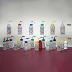 Bel-Art Safety-Labeled 2-Color Ethyl Acetate Wide-Mouth Wash Bottles; 500ml (16oz), Polyethylene w/Green Polypropylene Cap (Pack of 6)