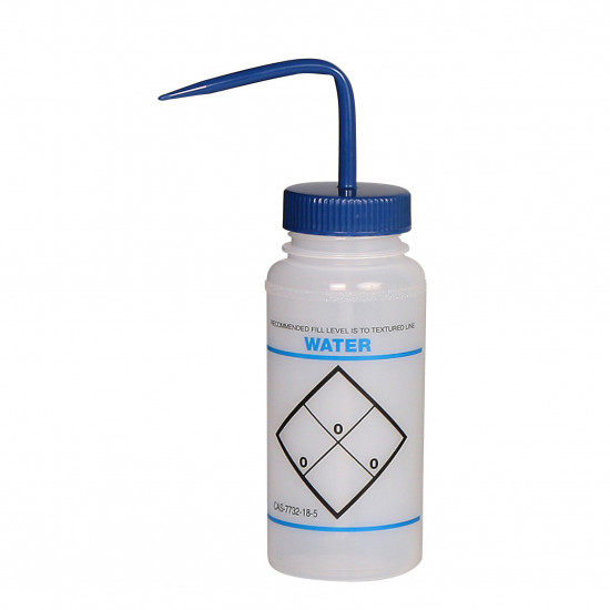 Bel-Art Safety-Labeled 2-Color Water Wide-Mouth Wash Bottles; 500ml (16oz), Polyethylene w/Blue Polypropylene Cap (Pack of 6) Bel-Art Safety-Labeled 2-Color Water Wide-Mouth Wash Bottles; 500ml (16oz), Polyethylene w/Blue Polypropylene Cap (Pack of 6)