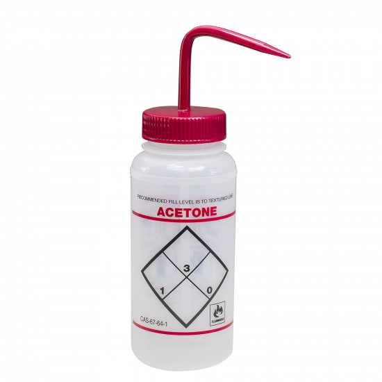 Bel-Art Safety-Labeled 2-Color Acetone Wide-Mouth Wash Bottles; 500ml (16oz), Polyethylene w/Red Polypropylene Cap (Pack of 6) Bel-Art Safety-Labeled 2-Color Acetone Wide-Mouth Wash Bottles; 500ml (16oz), Polyethylene w/Red Polypropylene Cap (Pack of 6)