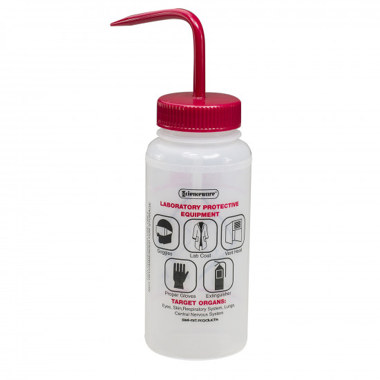Bel-Art Safety-Labeled 2-Color Acetone Wide-Mouth Wash Bottles; 500ml (16oz), Polyethylene w/Red Polypropylene Cap (Pack of 6)