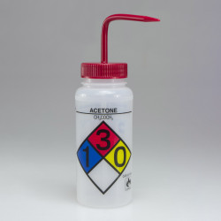 Bel-Art Safety-Labeled 4-Color Acetone Wide-Mouth Wash Bottles; 500ml (16oz), Polyethylene w/Red Polypropylene Cap (Pack of 4)
