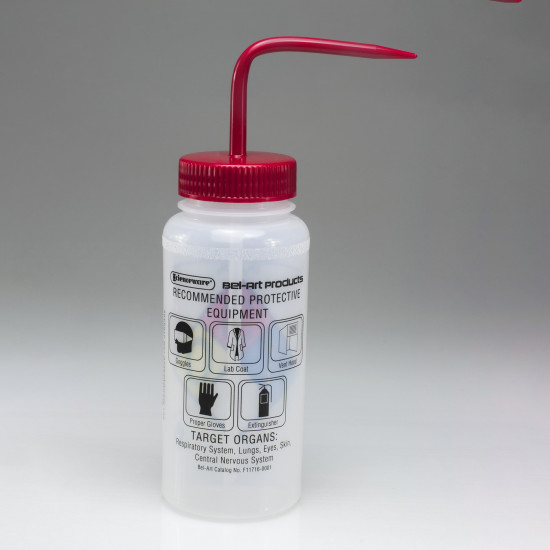 F11716-0011 Pack of 4 Bel-Art Safety-Labeled 4-Color Methanol Wide-Mouth Wash Bottles; 500ml Polyethylene w//Green Polypropylene Cap 16oz