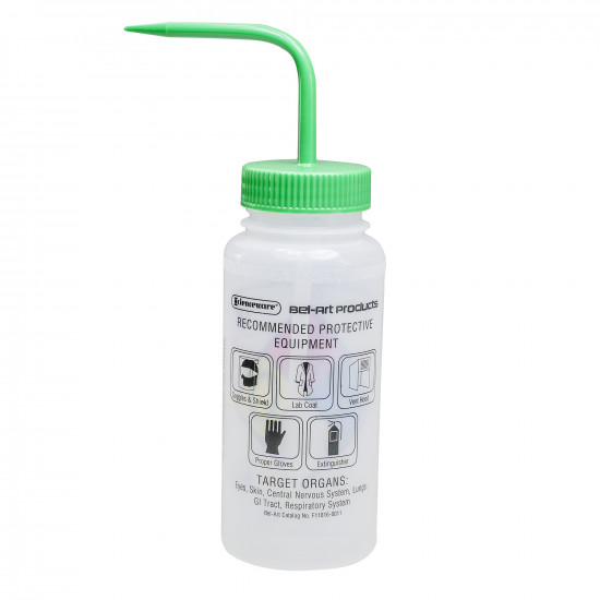 Bel-Art Right-to-Know Safety-Vented / Labeled 4-Color Methanol Wide-Mouth Wash Bottles; 500ml (16oz), Polyethylene w/Green Polypropylene Cap (Pack of 4) Bel-Art Right-to-Know Safety-Vented / Labeled 4-Color Methanol Wide-Mouth Wash Bottles; 500ml (16oz), Polyethylene w/Green Polypropylene Cap (Pack of 4)