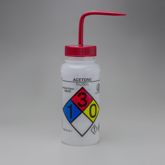 Bel-Art GHS Labeled Safety-Vented Acetone Wash Bottles; 500ml (16oz), Polyethylene w/Red Polypropylene Cap (Pack of 4) Bel-Art GHS Labeled Safety-Vented Acetone Wash Bottles; 500ml (16oz), Polyethylene w/Red Polypropylene Cap (Pack of 4)
