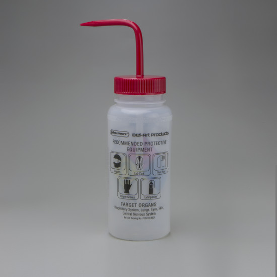 Bel-Art GHS Labeled Safety-Vented Acetone Wash Bottles; 500ml (16oz), Polyethylene w/Red Polypropylene Cap (Pack of 4)