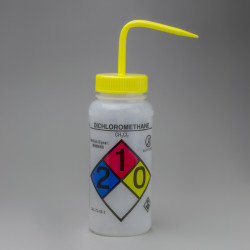 Bel-Art GHS Labeled Safety-Vented Dichloromethane Wash Bottles; 500ml (16oz), Polyethylene w/Yellow Polypropylene Cap (Pack of 4)