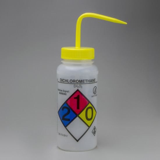 Bel-Art GHS Labeled Safety-Vented Dichloromethane Wash Bottles; 500ml (16oz), Polyethylene w/Yellow Polypropylene Cap (Pack of 4) Bel-Art GHS Labeled Safety-Vented Dichloromethane Wash Bottles; 500ml (16oz), Polyethylene w/Yellow Polypropylene Cap (Pack of 4)