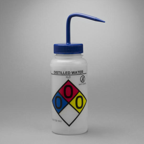 Bel-Art GHS Labeled Safety-Vented Distilled Water Wash Bottles; 500ml (16oz), Polyethylene w/Blue Polypropylene Cap (Pack of 4) Bel-Art GHS Labeled Safety-Vented Distilled Water Wash Bottles; 500ml (16oz), Polyethylene w/Blue Polypropylene Cap (Pack of 4)