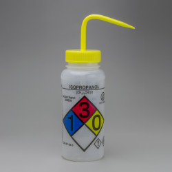 Bel-Art GHS Labeled Safety-Vented Isopropanol Wash Bottles; 500ml (16oz), Polyethylene w/Yellow Polypropylene Cap (Pack of 4)