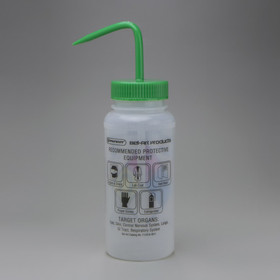 Bel-Art GHS Labeled Safety-Vented Methanol Wash Bottles; 500ml (16oz), Polyethylene w/Green Polypropylene Cap (Pack of 4) Bel-Art GHS Labeled Safety-Vented Methanol Wash Bottles; 500ml (16oz), Polyethylene w/Green Polypropylene Cap (Pack of 4)