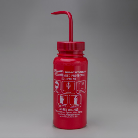 Bel-Art GHS Labeled Toluene Wash Bottles; 500ml (16oz), Polyethylene w/Red Polypropylene Cap (Pack of 4) Bel-Art GHS Labeled Toluene Wash Bottles; 500ml (16oz), Polyethylene w/Red Polypropylene Cap (Pack of 4)