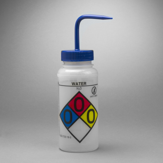 Bel-Art GHS Labeled Safety-Vented Water Wash Bottles; 500ml (16oz), Polyethylene w/Blue Polypropylene Cap (Pack of 4)
