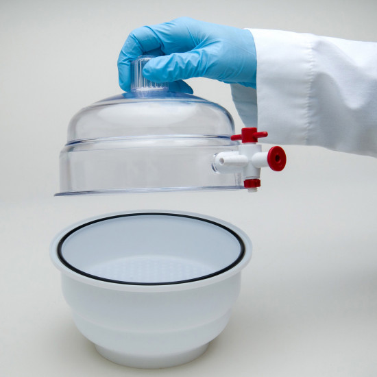 Bel-Art "SPACE SAVER" Polycarbonate Vacuum Desiccator with White Polypropylene Bottom; 0.09 cu. ft. Bel-Art "SPACE SAVER" Polycarbonate Vacuum Desiccator with White Polypropylene Bottom; 0.09 cu. ft.