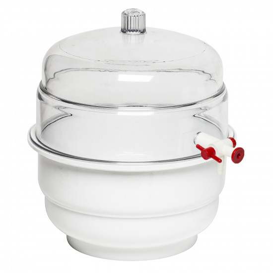 Bel-Art "SPACE SAVER" Polycarbonate Vacuum Desiccator with White Polypropylene Bottom; 0.31 cu. ft. Bel-Art "SPACE SAVER" Polycarbonate Vacuum Desiccator with White Polypropylene Bottom; 0.31 cu. ft.