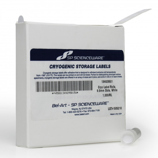 Bel-Art Cryogenic Storage Labels; Roll of 9.5mm Dots for 0.5-1.5ml Tubes, White (1000 labels) Bel-Art Cryogenic Storage Labels; Roll of 9.5mm Dots for 0.5-1.5ml Tubes, White (1000 labels)