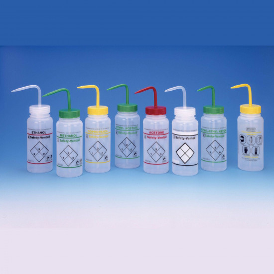 Bel-Art Safety-Vented / Labeled 2-Color LYOB Wide-Mouth Wash Bottles; 500ml (16oz), Polyethylene w/Natural Polypropylene Cap (Pack of 3) Bel-Art Safety-Vented / Labeled 2-Color LYOB Wide-Mouth Wash Bottles; 500ml (16oz), Polyethylene w/Natural Polypropylene Cap (Pack of 3)