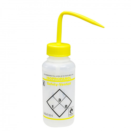 Bel-Art Safety-Vented / Labeled 2-Color Isopropanol Wide-Mouth Wash Bottles; 250ml (8oz), Polyethylene w/Yellow Polypropylene Cap (Pack of 3) Bel-Art Safety-Vented / Labeled 2-Color Isopropanol Wide-Mouth Wash Bottles; 250ml (8oz), Polyethylene w/Yellow Polypropylene Cap (Pack of 3)