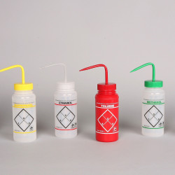 Bel-Art Safety-Labeled Assorted 2-Color Wide-Mouth Wash Bottles; 500ml (16oz), Polyethylene w/Polypropylene Cap (Pack of 6)
