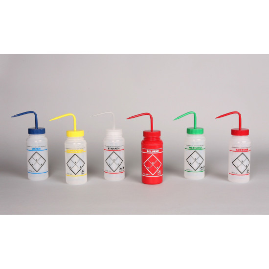 Bel-Art Safety-Labeled Assorted 2-Color Wide-Mouth Wash Bottles; 500ml (16oz), Polyethylene w/Polypropylene Cap (Pack of 6)