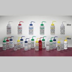 Bel-Art Safety-Labeled 2-Color Machine Oil (No Diamond) Wide-Mouth Wash Bottles; 500ml (16oz), Polyethylene w/Natural Polypropylene Cap (Pack of 6)