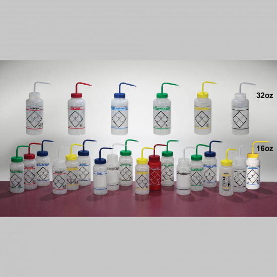 Bel-Art Safety-Labeled 2-Color Deionized Water Wide-Mouth Wash Bottles; 500ml (16oz), Polyethylene w/Blue Polypropylene Cap (Pack of 6) Bel-Art Safety-Labeled 2-Color Deionized Water Wide-Mouth Wash Bottles; 500ml (16oz), Polyethylene w/Blue Polypropylene Cap (Pack of 6)