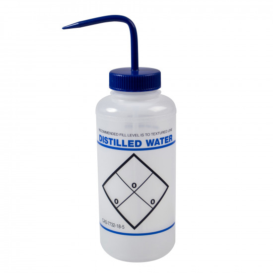 Bel-Art Safety-Labeled 2-Color Distilled Water Wide-Mouth Wash Bottles; 1000ml (32oz), Polyethylene w/Blue Polypropylene Cap (Pack of 6)