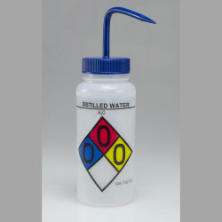 Bel-Art Safety-Labeled 4-Color Distilled Water Wide-Mouth Wash Bottles; 500ml (16oz), Polyethylene w/Blue Polypropylene Cap (Pack of 4)