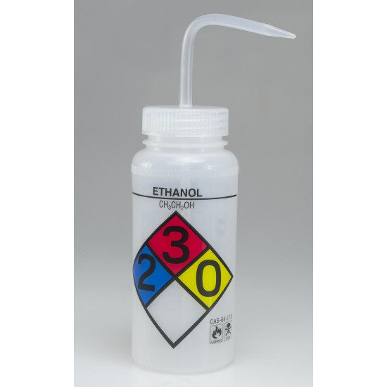 Bel-Art Safety-Labeled 4-Color Ethanol Wide-Mouth Wash Bottles; 500ml (16oz), Polyethylene w/Natural Polypropylene Cap (Pack of 4)