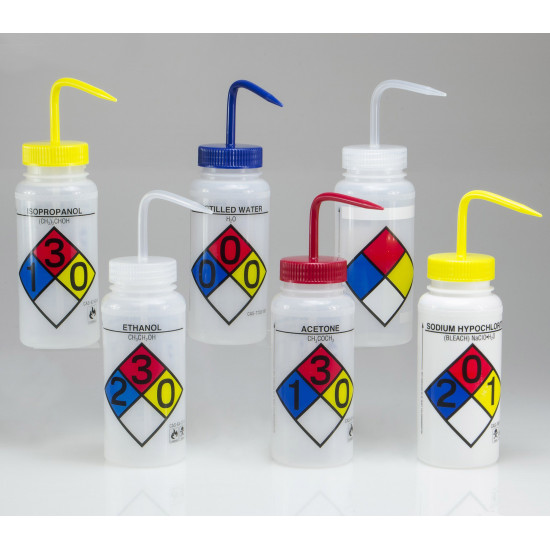 Bel-Art Safety-Labeled Assorted 4-Color Wide-Mouth Wash Bottles; 500ml (16oz), Polyethylene w/Polypropylene Cap, (Pack of 6)