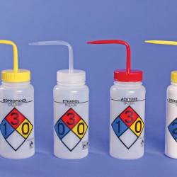 Bel-Art Safety-Labeled 4-Color 70% Ethanol Wide-Mouth Wash Bottles; 500ml (16oz), Polyethylene w/Green Polypropylene Cap (Pack of 4)