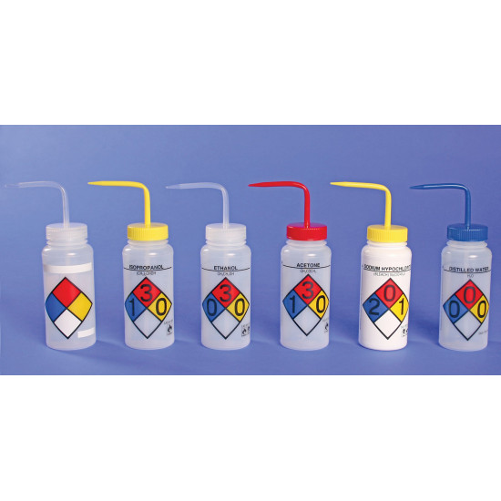 Bel-Art Safety-Labeled 4-Color Methanol Wide-Mouth Wash Bottles; 500ml (16oz), Polyethylene w/Green Polypropylene Cap (Pack of 4)