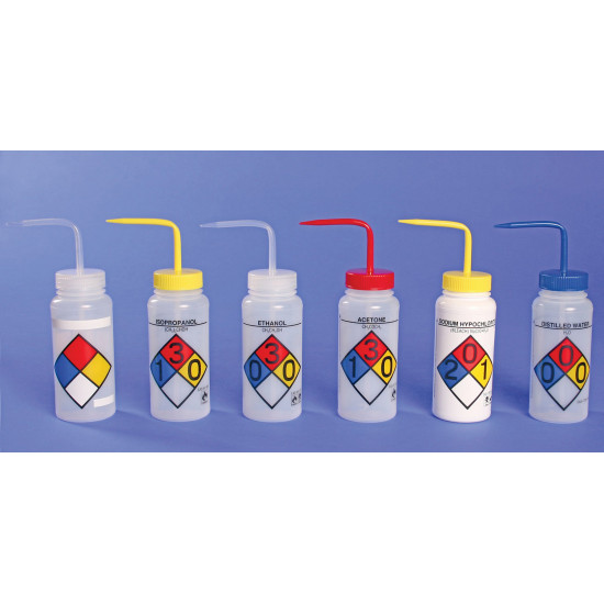 Bel-Art Safety-Labeled 4-Color Ethanol Wide-Mouth Wash Bottles; 1000ml (32oz), Polyethylene w/Natural Polypropylene Cap (Pack of 4) Bel-Art Safety-Labeled 4-Color Ethanol Wide-Mouth Wash Bottles; 1000ml (32oz), Polyethylene w/Natural Polypropylene Cap (Pack of 4)
