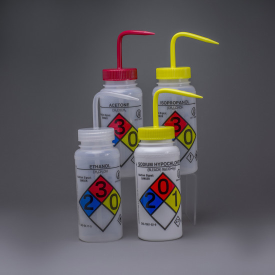 Bel-Art GHS Labeled Safety-Vented Assorted Wash Bottles; 500ml (16oz), Polyethylene w/ Polypropylene Cap (Pack of 4)