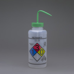 Bel-Art GHS Labeled Safety-Vented Methanol Wash Bottles; 1000ml (32oz), Polyethylene w/Green Polypropylene Cap (Pack of 2)