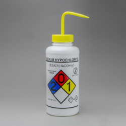 Bel-Art GHS Labeled Safety-Vented Sodium Hypochlorite (Bleach) Wash Bottles; 1000ml (32oz), Polyethylene w/Yellow Polypropylene Cap (Pack of 2)