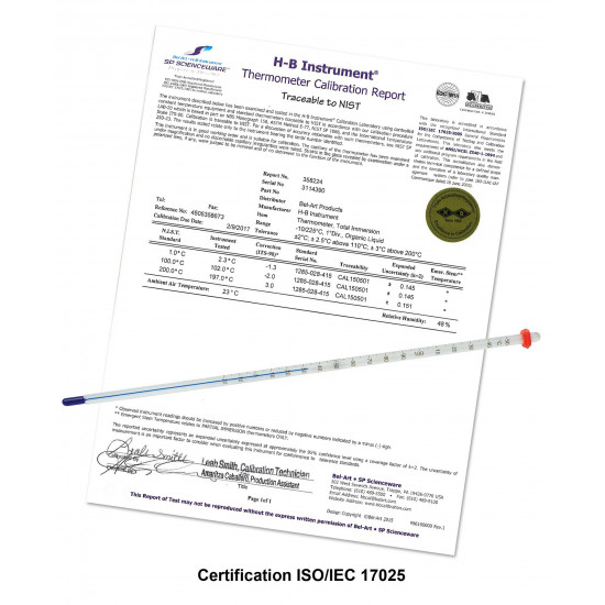 Bel-Art H-B DURAC Plus Calibrated Liquid-In-Glass Laboratory Thermometer; -10 to 70C, 76mm Immersion, Organic Liquid Fill