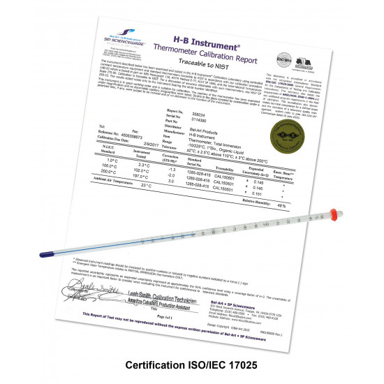 Bel-Art H-B DURAC Plus Calibrated Liquid-In-Glass Laboratory Thermometer; -10 to 225C, Total Immersion, Organic Liquid Fill