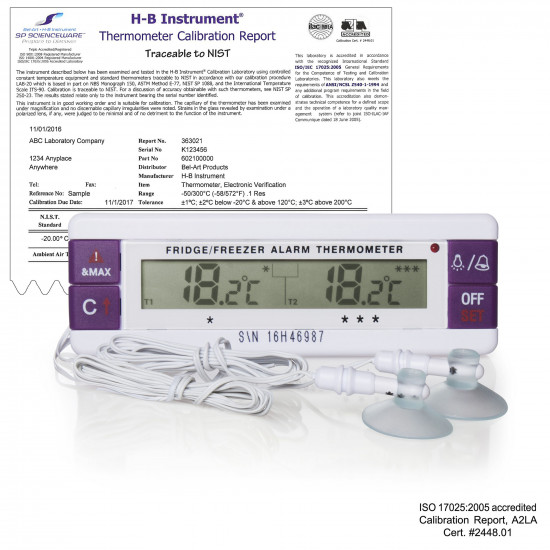Bel-Art H-B DURAC Calibrated Dual Zone Electronic Thermometer with Waterproof Sensors; -40/70C (-40/158F) External, -40/70C (-40/158F) External, 0C and 22C Zone Calibrations Bel-Art H-B DURAC Calibrated Dual Zone Electronic Thermometer with Waterproof Sensors; -40/70C (-40/158F) External, -40/70C (-40/158F) External, 0C and 22C Zone Calibrations