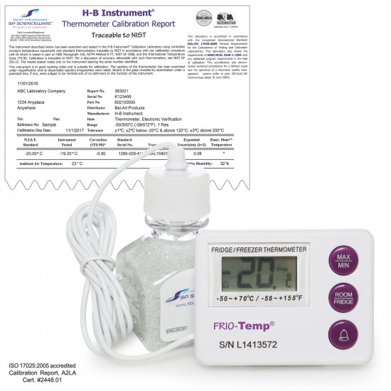 Bel-Art H-B Frio Temp Calibrated Dual Zone Electronic Verification Thermometer; -50/70C (-58/158F) and -10/50C (14/122F), Freezer Calibration Bel-Art H-B Frio Temp Calibrated Dual Zone Electronic Verification Thermometer; -50/70C (-58/158F) and -10/50C (14/122F), Freezer Calibration