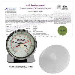 Bel-Art H-B DURAC Maximum Registering / Autoclave Bi-Metal Thermometer; -20 to 150C (0 to 300F), Individual Calibration Report