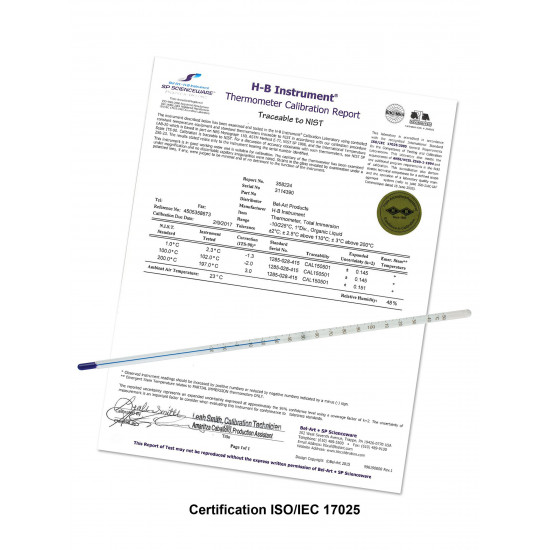 Bel-Art H-B DURAC Plus ASTM S64F-03 Individually Calibrated Liquid-In-Glass Laboratory Thermometer; 77/131F, Organic Liquid Fill Bel-Art H-B DURAC Plus ASTM S64F-03 Individually Calibrated Liquid-In-Glass Laboratory Thermometer; 77/131F, Organic Liquid Fill