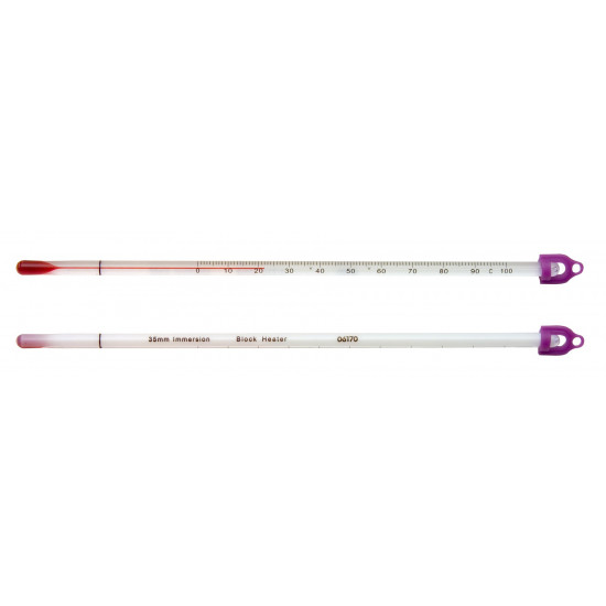 Bel-Art H-B DURAC Dry Block/Incubator Liquid-In-Glass Thermometer; 0 to 70C, PFA Safety Coated, 150mm Immersion, Organic Liquid Fill