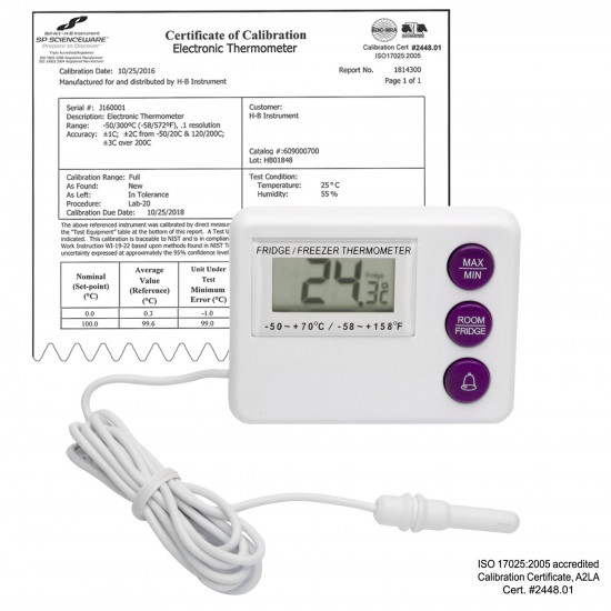 Bel-Art H-B DURAC Calibrated Dual Zone Electronic Thermometer with Waterproof Sensor; -50/70C (-58/158F) External, -10/50C (14/122F) Internal