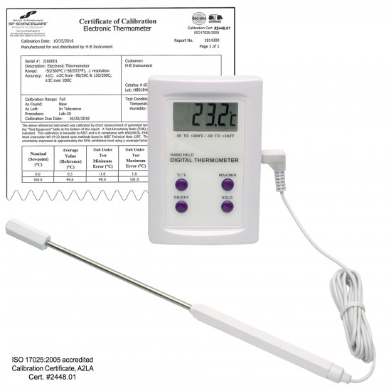 Bel-Art H-B DURAC Calibrated Electronic Thermometer with Stainless Steel Probe; -50/200C (-58/392F), 63 x 97mm Bel-Art H-B DURAC Calibrated Electronic Thermometer with Stainless Steel Probe; -50/200C (-58/392F), 63 x 97mm