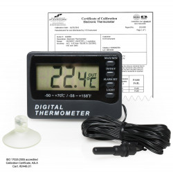 Bel-Art H-B DURAC Calibrated Dual Zone Electronic Thermometer with Waterproof Sensor; -50/70C (-58/158F) External, -10/50C (14/122F) Internal