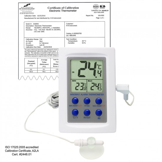 Bel-Art H-B DURAC Calibrated Dual Zone Electronic Thermometer with Waterproof Sensor; -50/70C (-58/158F) External, 0/50C (32/122F) Internal Bel-Art H-B DURAC Calibrated Dual Zone Electronic Thermometer with Waterproof Sensor; -50/70C (-58/158F) External, 0/50C (32/122F) Internal