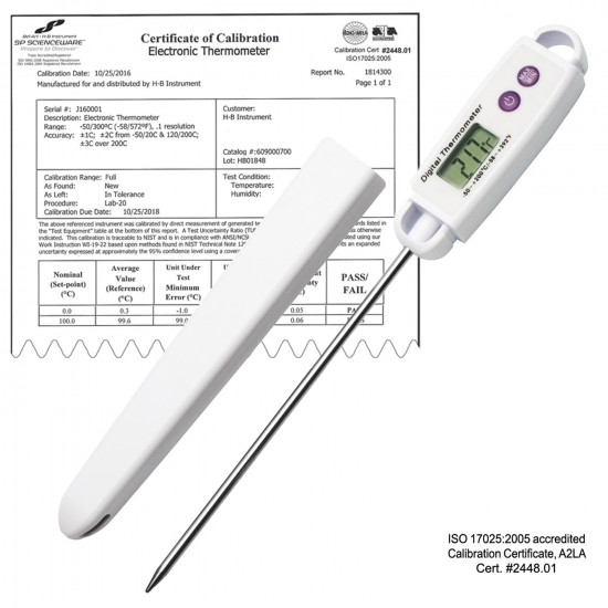 Bel-Art H-B DURAC Calibrated Electronic Stainless Steel Stem Thermometer, -50/200C (-58/392F), 127mm (5 in.) Probe