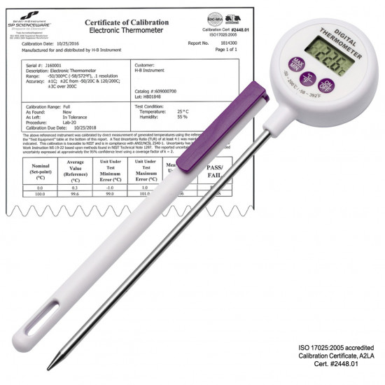 Bel-Art H-B DURAC Calibrated Electronic Stainless Steel Stem Thermometer, -50/200C (-58/392F), 127mm (5 in.) Probe
