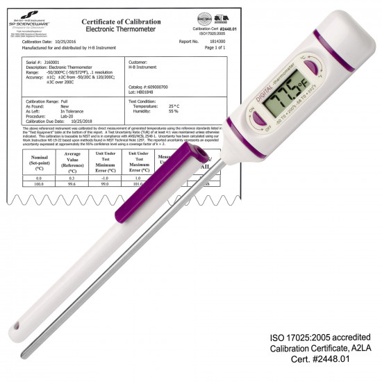 Bel-Art H-B DURAC Calibrated Electronic Stainless Steel Stem Thermometer, -50/200C (-58/392F), 120mm (4.7 in.) Blunt Tip Probe Bel-Art H-B DURAC Calibrated Electronic Stainless Steel Stem Thermometer, -50/200C (-58/392F), 120mm (4.7 in.) Blunt Tip Probe