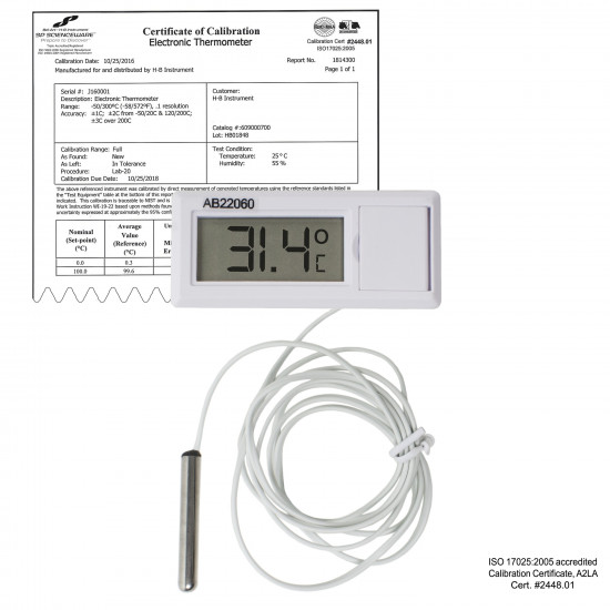 Bel-Art H-B DURAC Calibrated Electronic Thermometer with Waterproof Sensor; -50/200C (-58/392F) Bel-Art H-B DURAC Calibrated Electronic Thermometer with Waterproof Sensor; -50/200C (-58/392F)